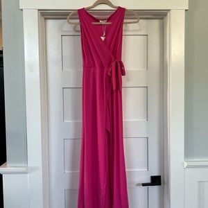 Hot pink “See you Monday LA” faux wrap, ankle length dress